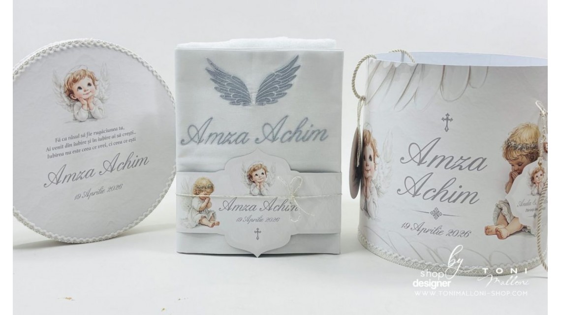 Trusou botez băiat Înger Alb elegant cu îngerași și aripi brodate 22